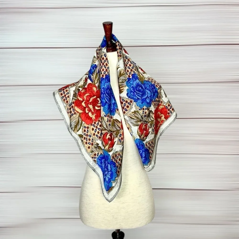 Albert Nipon for XIIX KARAT Silk Scarf Blue Magenta Tan Floral Roses Vintage